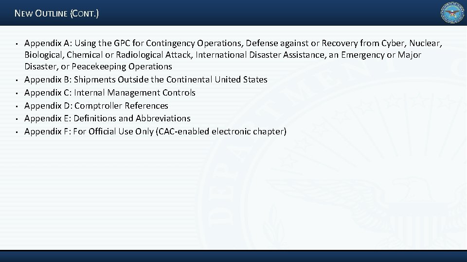 NEW OUTLINE (CONT. ) • • • Appendix A: Using the GPC for Contingency