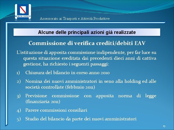 Assessorato ai Trasporti e Attività Produttive Alcune delle principali azioni già realizzate Commissione di