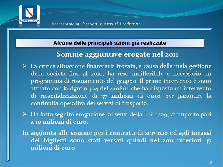 Assessorato ai Trasporti e Attività Produttive Alcune delle principali azioni già realizzate Somme aggiuntive