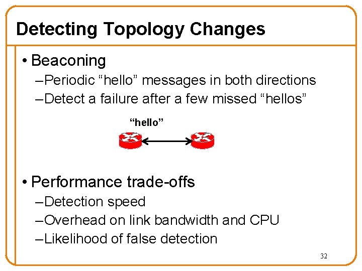 Detecting Topology Changes • Beaconing – Periodic “hello” messages in both directions – Detect