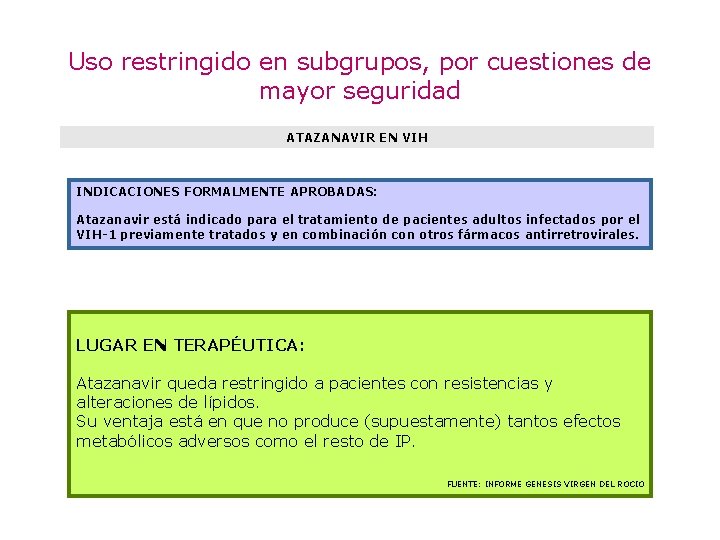 Uso restringido en subgrupos, por cuestiones de mayor seguridad ATAZANAVIR EN VIH INDICACIONES FORMALMENTE Uso restringido en subgrupos, por cuestiones de mayor seguridad ATAZANAVIR EN VIH INDICACIONES FORMALMENTE