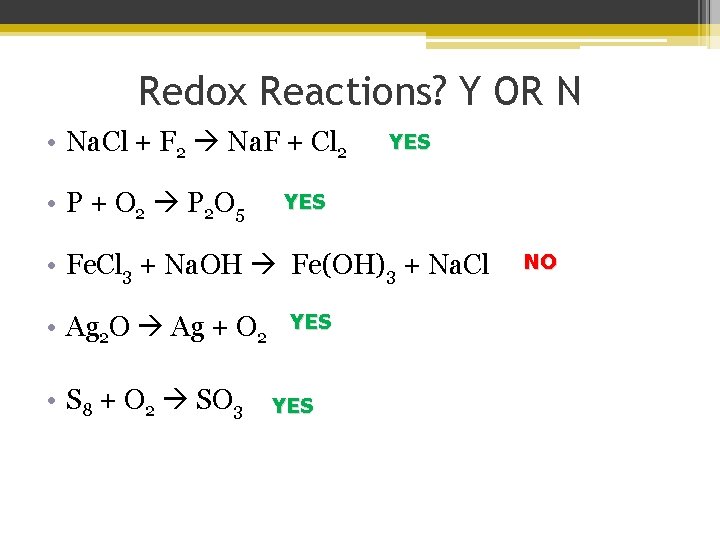 Redox Reactions? Y OR N • Na. Cl + F 2 Na. F + Redox Reactions? Y OR N • Na. Cl + F 2 Na. F +