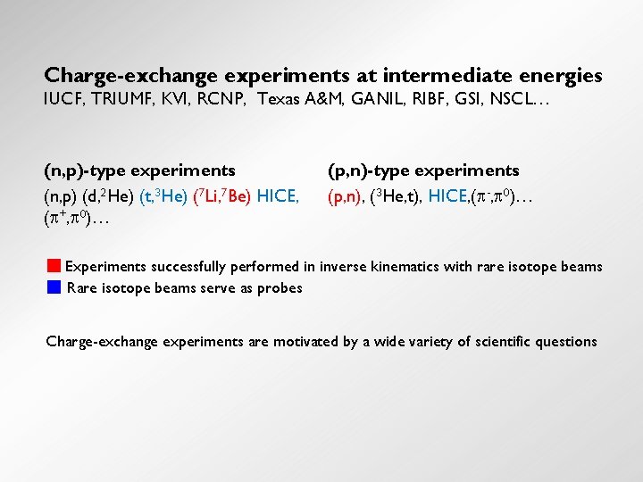 Charge-exchange experiments at intermediate energies IUCF, TRIUMF, KVI, RCNP, Texas A&M, GANIL, RIBF, GSI,