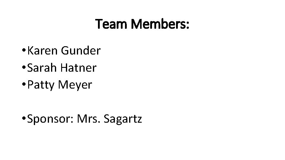 Team Members: • Karen Gunder • Sarah Hatner • Patty Meyer • Sponsor: Mrs.