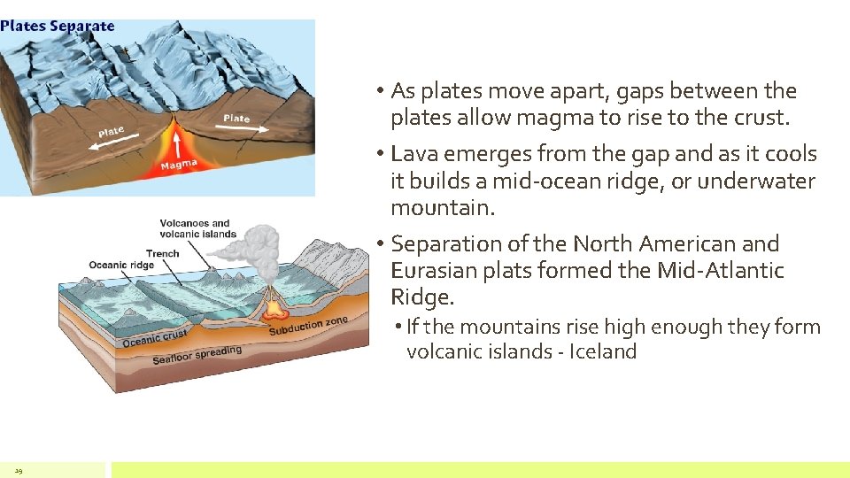 Plates Separate • As plates move apart, gaps between the plates allow magma to