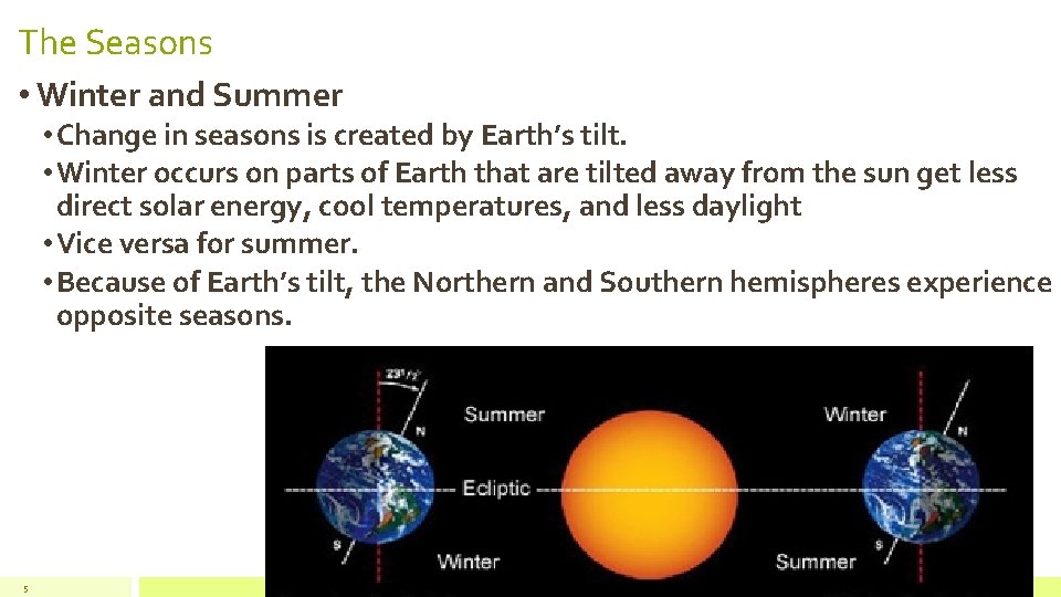 The Seasons • Winter and Summer • Change in seasons is created by Earth’s