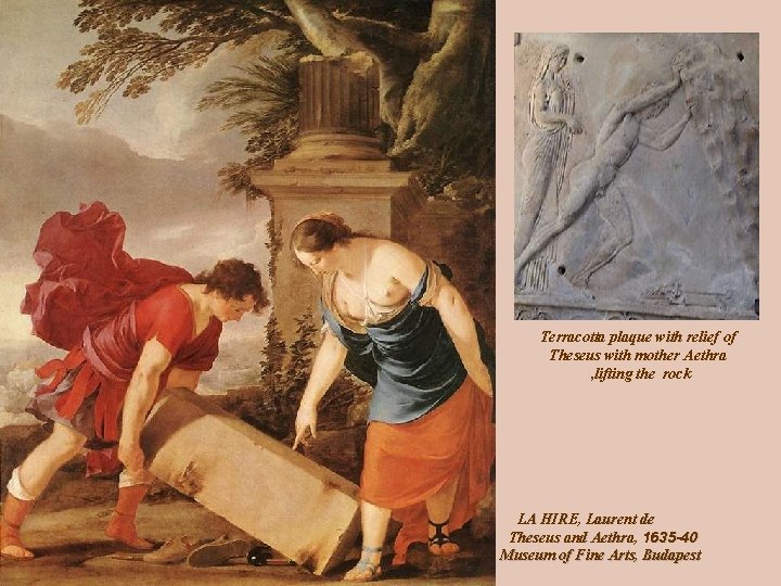 Terracotta plaque with relief of Theseus with mother Aethra , lifting the rock LA Terracotta plaque with relief of Theseus with mother Aethra , lifting the rock LA