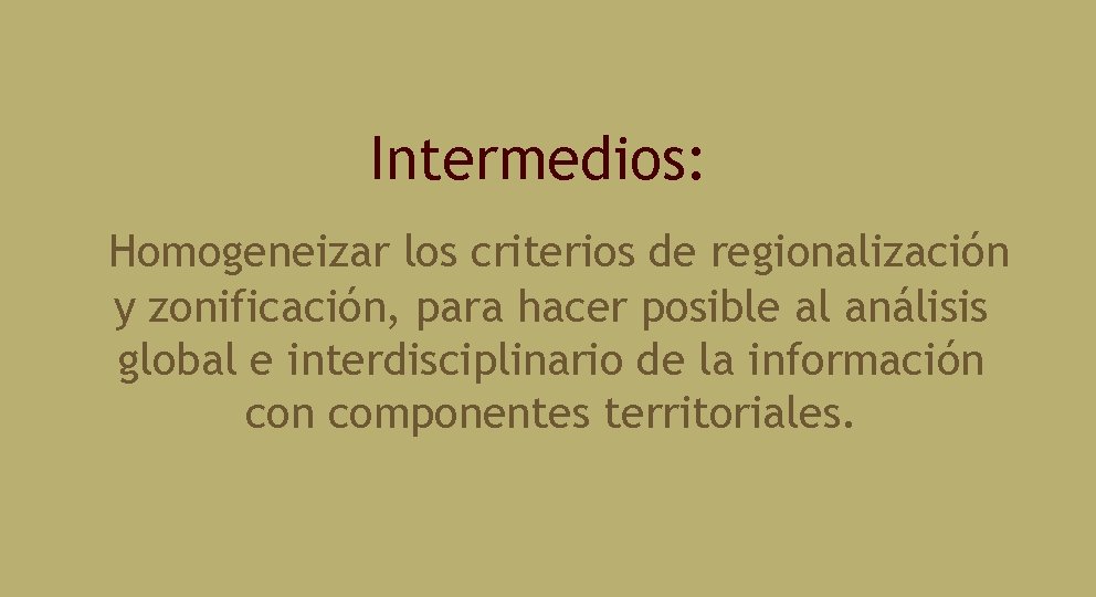 Intermedios: Homogeneizar los criterios de regionalización y zonificación, para hacer posible al análisis global