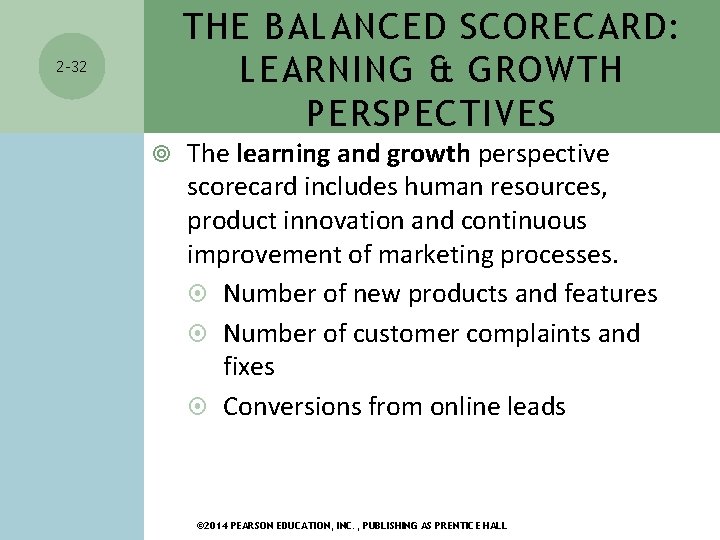 THE BALANCED SCORECARD: LEARNING & GROWTH PERSPECTIVES 2 -32 The learning and growth perspective