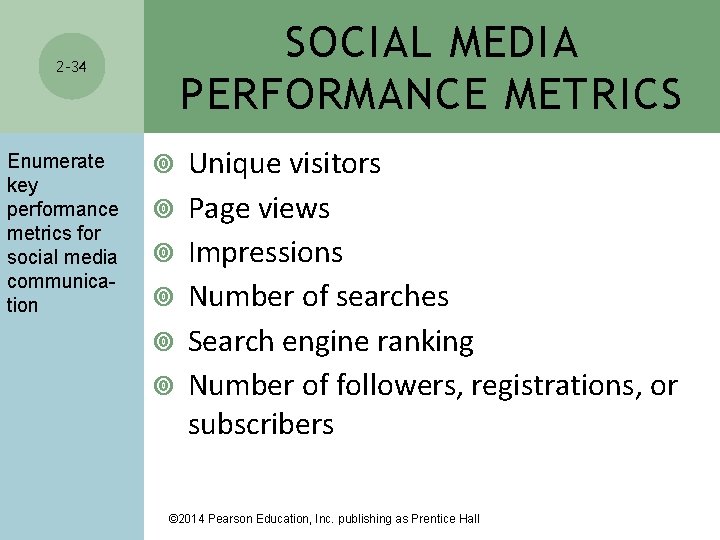 SOCIAL MEDIA PERFORMANCE METRICS 2 -34 Enumerate key performance metrics for social media communication