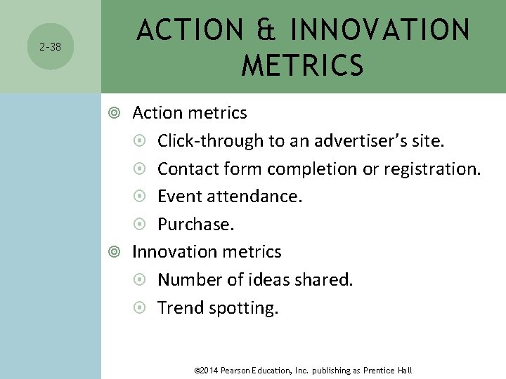 ACTION & INNOVATION METRICS 2 -38 Action metrics Click-through to an advertiser’s site. Contact