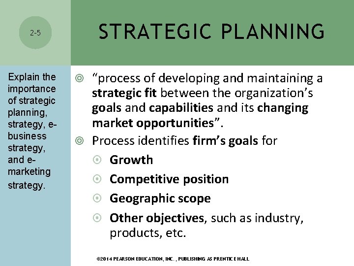STRATEGIC PLANNING 2 -5 Explain the importance of strategic planning, strategy, ebusiness strategy, and