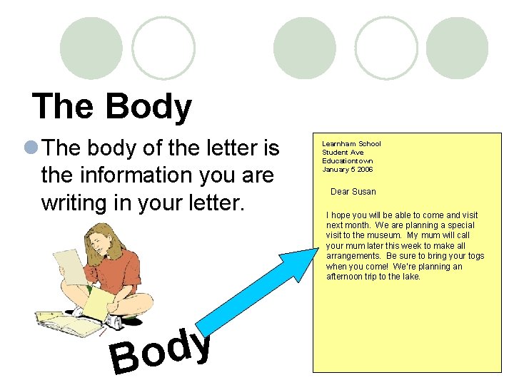 The Body l The body of the letter is the information you are writing