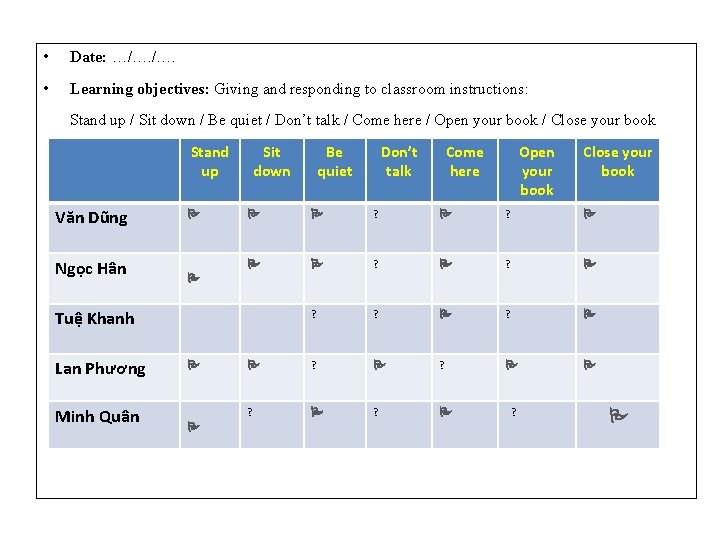  • Date: …/…. • Learning objectives: Giving and responding to classroom instructions: Stand