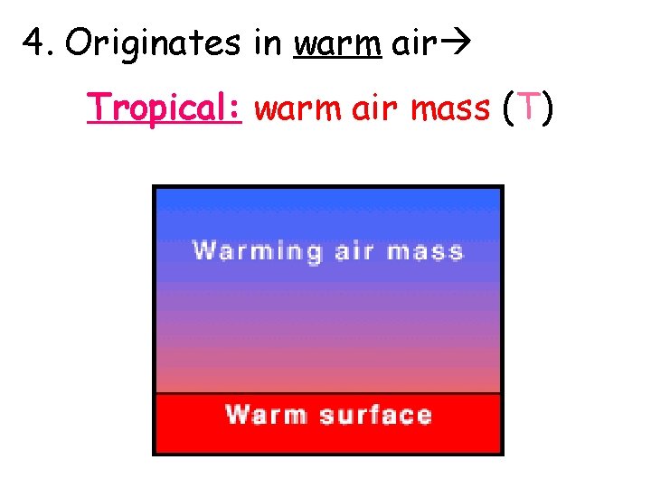 4. Originates in warm air Tropical: warm air mass (T) 