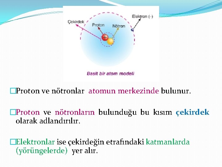 �Proton ve nötronlar atomun merkezinde bulunur. �Proton ve nötronların bulunduğu bu kısım çekirdek olarak