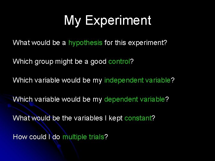 My Experiment What would be a hypothesis for this experiment? Which group might be