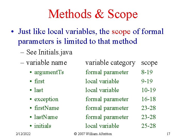 Methods & Scope • Just like local variables, the scope of formal parameters is