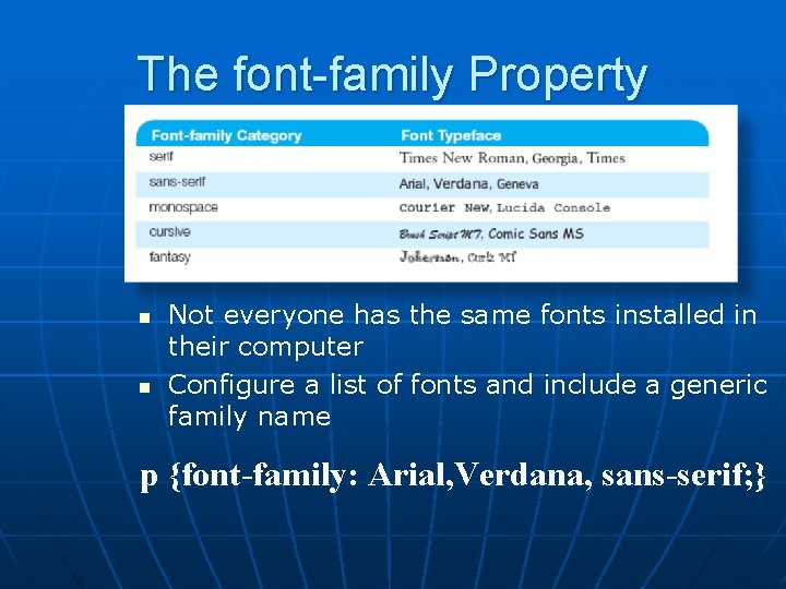 The font-family Property n n Not everyone has the same fonts installed in their