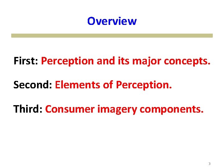 Overview First: Perception and its major concepts. Second: Elements of Perception. Third: Consumer imagery