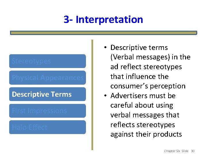 3 - Interpretation Stereotypes Physical Appearances Descriptive Terms First Impressions Halo Effect • Descriptive