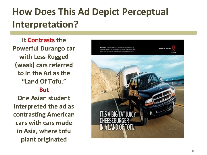 How Does This Ad Depict Perceptual Interpretation? It Contrasts the Powerful Durango car with