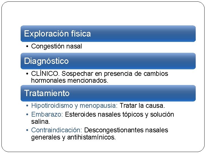 Exploración física • Congestión nasal Diagnóstico • CLÍNICO. Sospechar en presencia de cambios hormonales