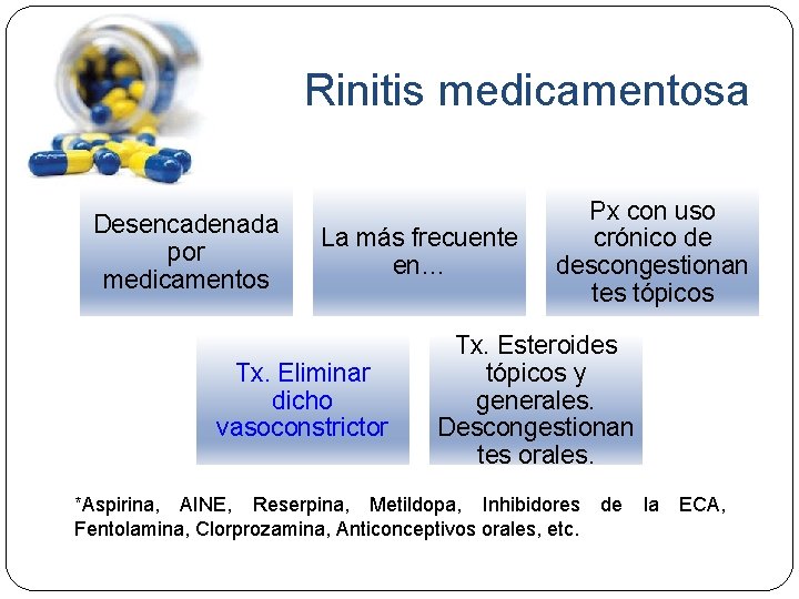 Rinitis medicamentosa Desencadenada por medicamentos La más frecuente en… Tx. Eliminar dicho vasoconstrictor Px