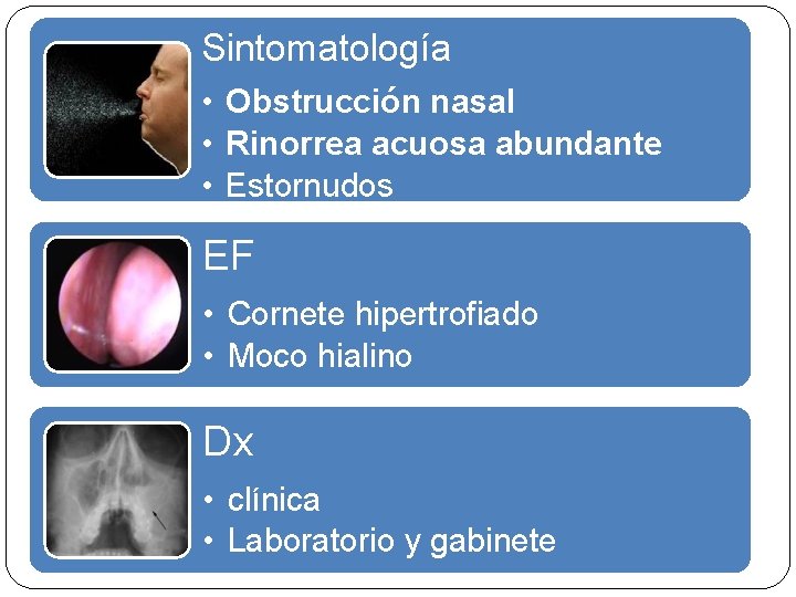 Sintomatología • Obstrucción nasal • Rinorrea acuosa abundante • Estornudos EF • Cornete hipertrofiado