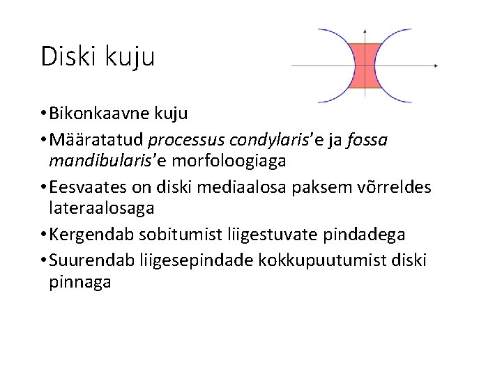 Diski kuju • Bikonkaavne kuju • Määratatud processus condylaris’e ja fossa mandibularis’e morfoloogiaga •