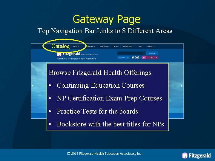 Gateway Page Top Navigation Bar Links to 8 Different Areas Catalog Browse Fitzgerald Health