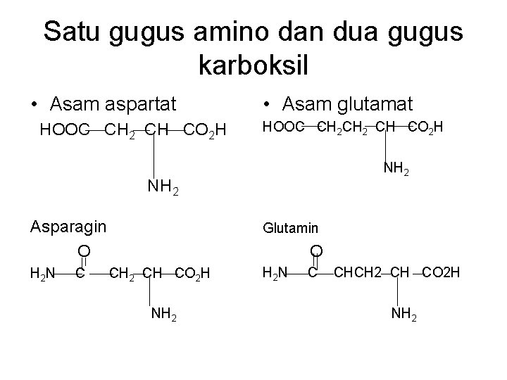 Satu gugus amino dan dua gugus karboksil • Asam aspartat HOOC CH 2 CH