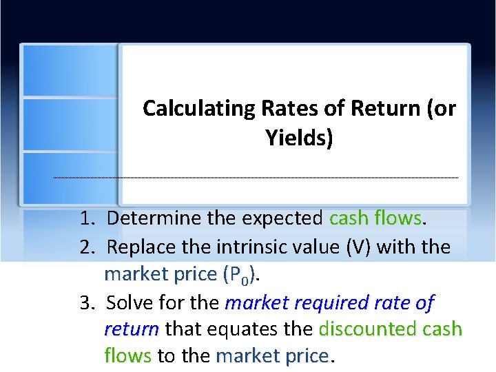 Calculating Rates of Return (or Yields) 1. Determine the expected cash flows 2. Replace