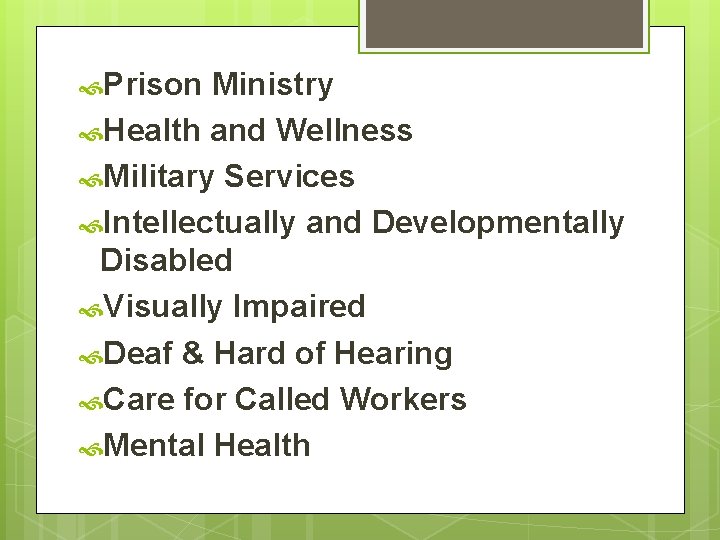 Prison Ministry Health and Wellness Military Services Intellectually and Developmentally Disabled Visually Impaired