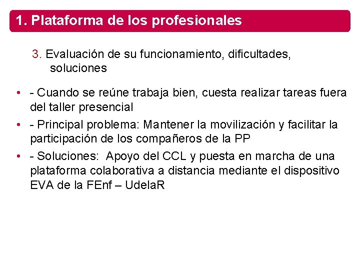 1. Plataforma de los profesionales 3. Evaluación de su funcionamiento, dificultades, soluciones • -