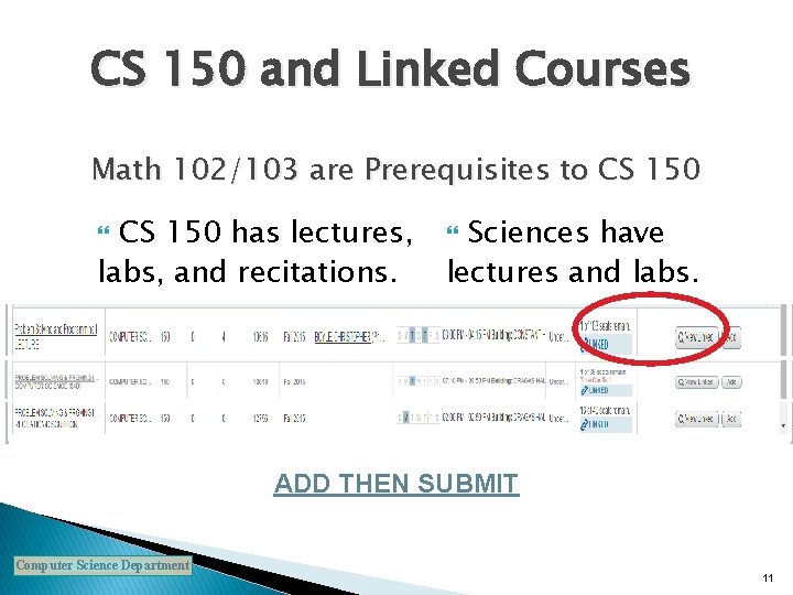 CS 150 and Linked Courses Math 102/103 are Prerequisites to CS 150 has lectures,