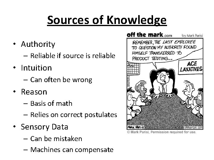 Sources of Knowledge • Authority – Reliable if source is reliable • Intuition –