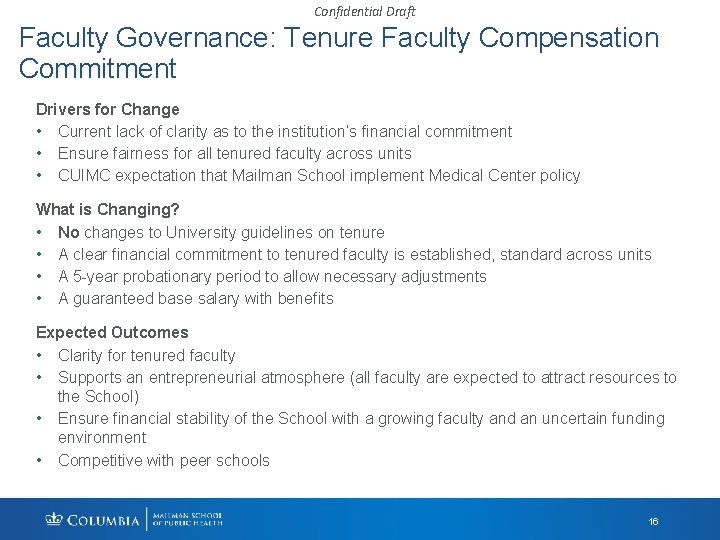 Confidential Draft Faculty Governance: Tenure Faculty Compensation Commitment Drivers for Change • Current lack