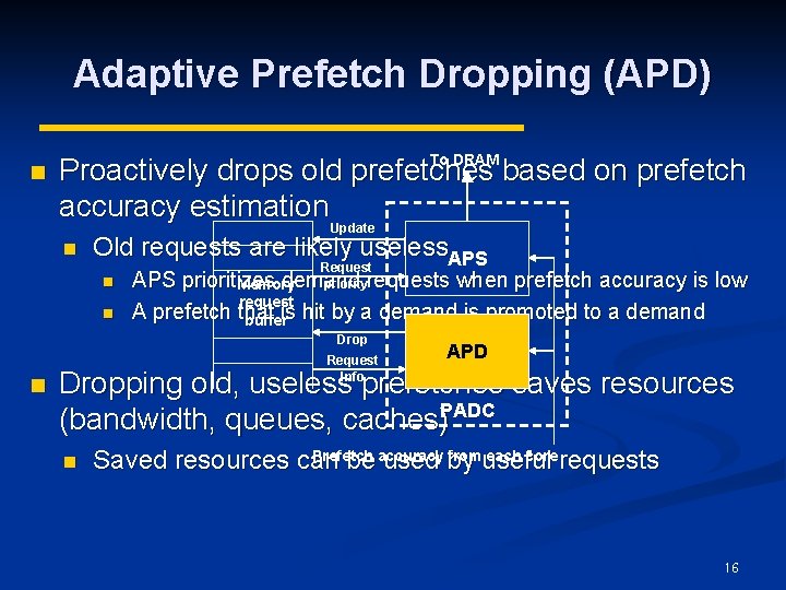 Adaptive Prefetch Dropping (APD) n To DRAM Proactively drops old prefetches based on prefetch