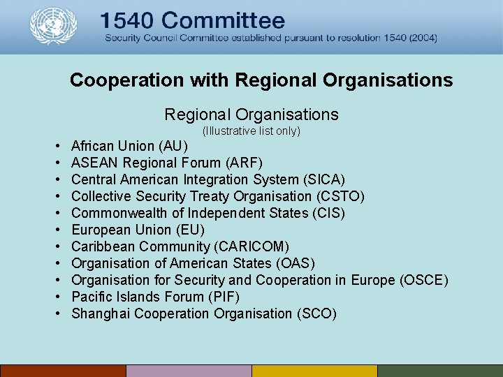 Cooperation with Regional Organisations (Illustrative list only) • • • African Union (AU) ASEAN