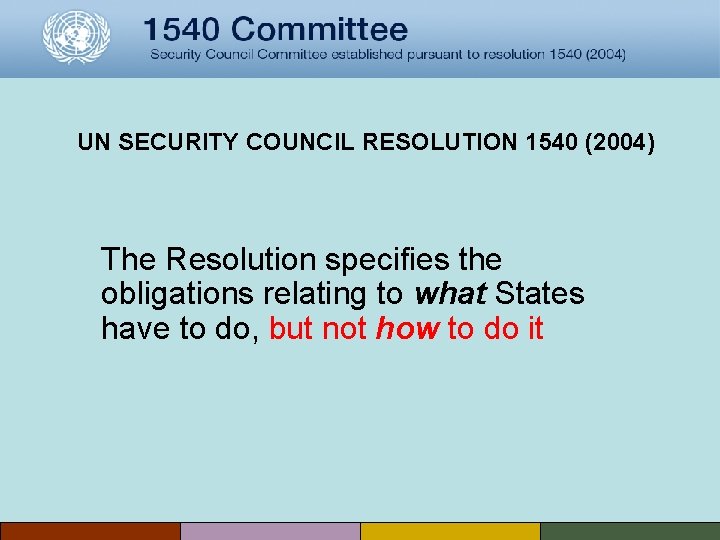 UN SECURITY COUNCIL RESOLUTION 1540 (2004) The Resolution specifies the obligations relating to what