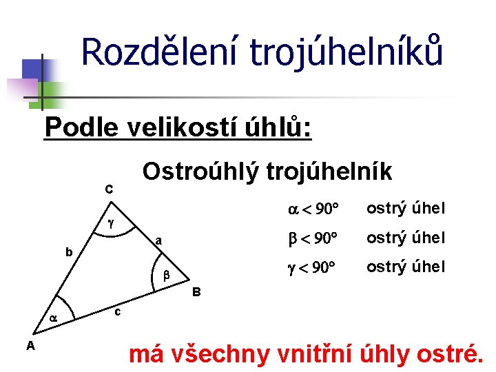 Rozdělení trojúhelníků Podle velikostí úhlů: Ostroúhlý trojúhelník C g a b b a <