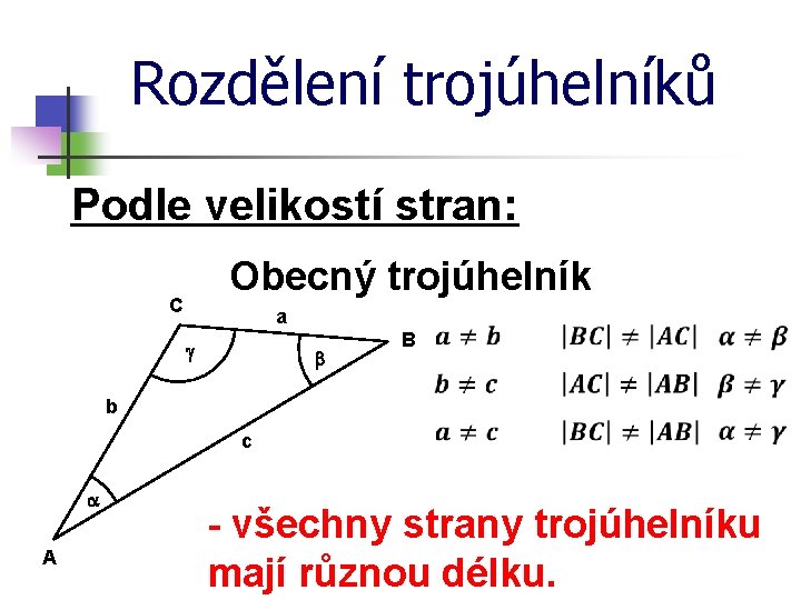 Rozdělení trojúhelníků Podle velikostí stran: Obecný trojúhelník C a g b B b c