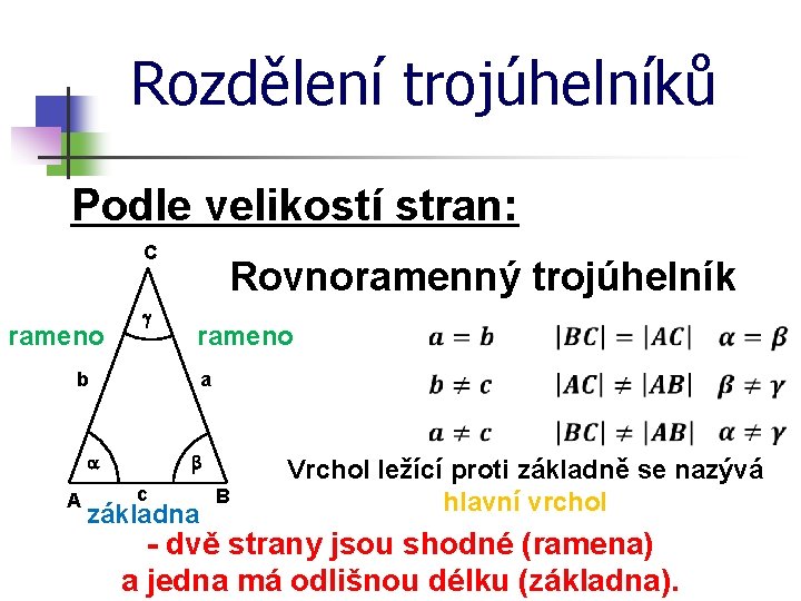 Rozdělení trojúhelníků Podle velikostí stran: C rameno g Rovnoramenný trojúhelník rameno b a a