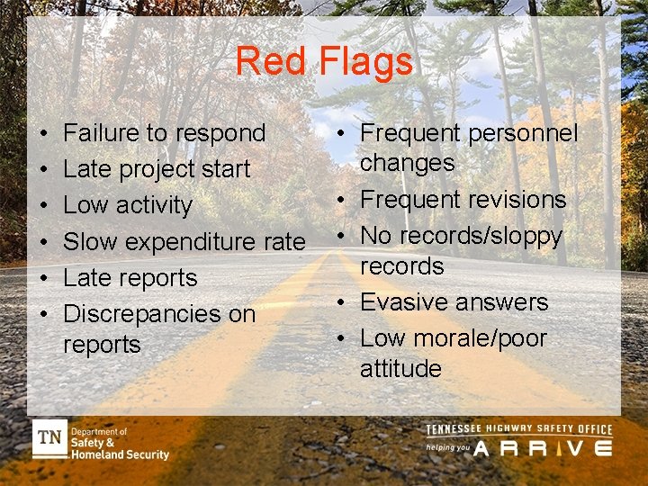 Red Flags • • • Failure to respond Late project start Low activity Slow