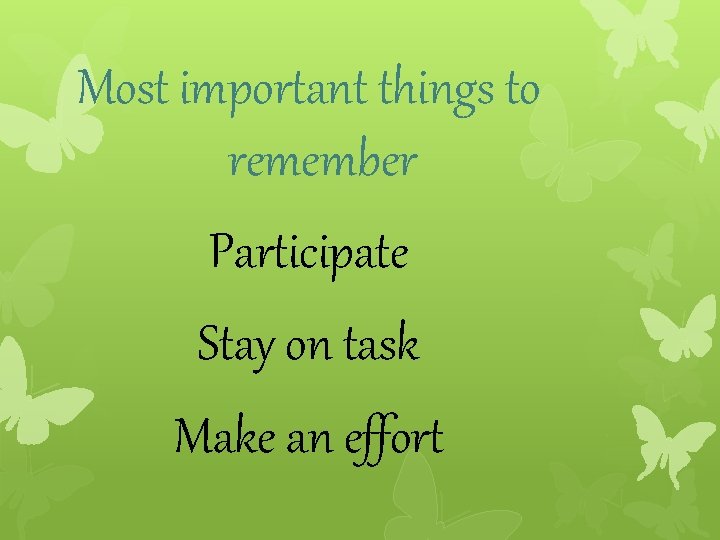 Most important things to remember Participate Stay on task Make an effort 