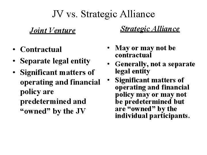 JV vs. Strategic Alliance Joint Venture Strategic Alliance • May or may not be