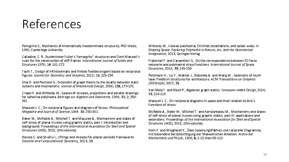 References Pellegrino S. , Mechanics of kinematically indeterminate structures, Ph. D thesis, 1986; Cambridge References Pellegrino S. , Mechanics of kinematically indeterminate structures, Ph. D thesis, 1986; Cambridge