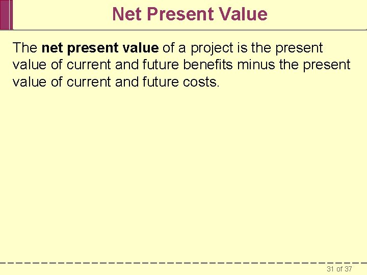 Net Present Value The net present value of a project is the present value