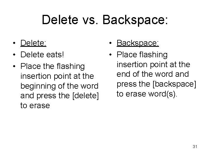 Delete vs. Backspace: • Delete eats! • Place the flashing insertion point at the